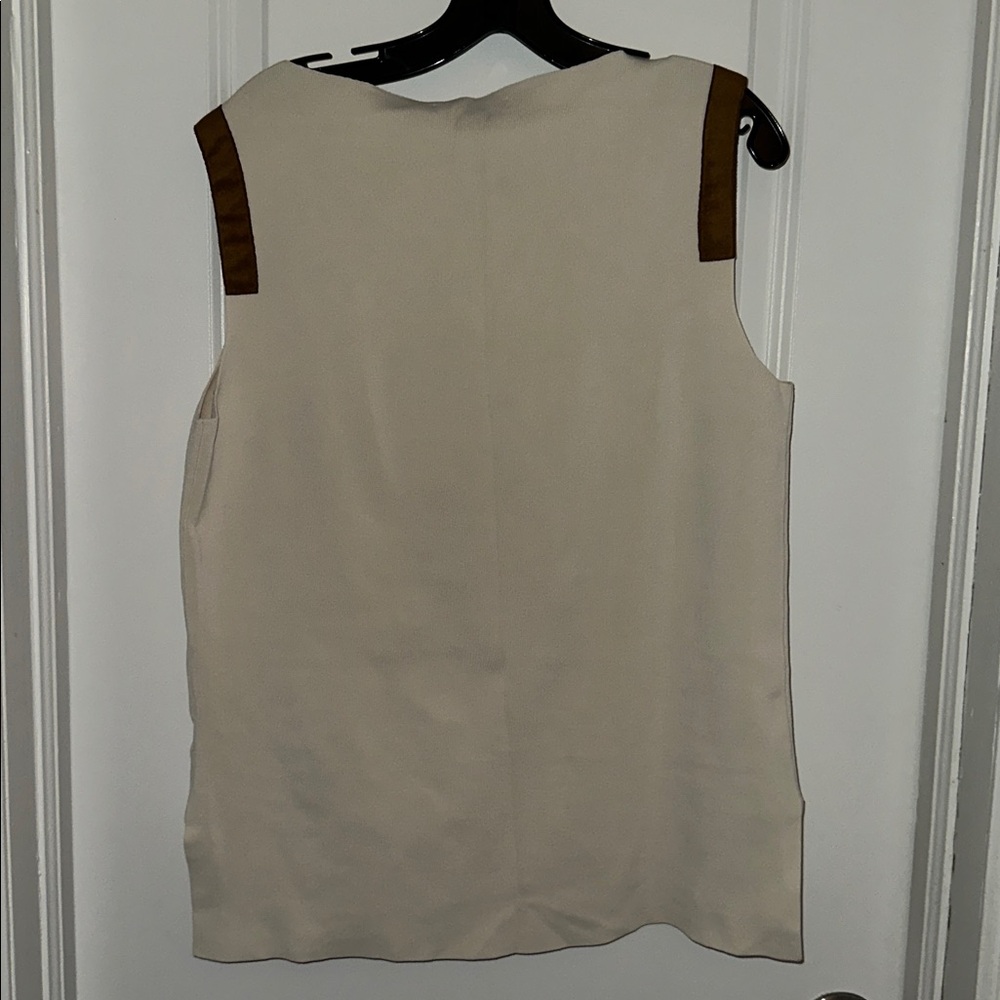 Lauren Ralph Lauren Cream Sleeveless Shell with Brown Shoulder Trim - Picture 6 of 6